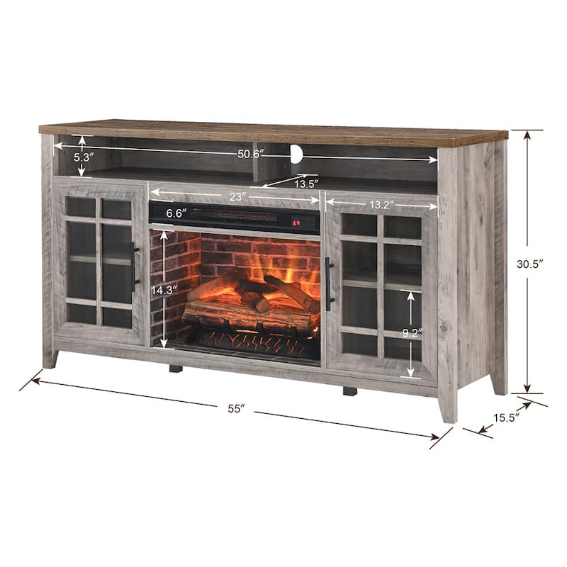 55 Inch TV Media Stand with Electric Fireplace KD Inserts Heater - Grey Wash