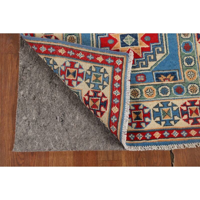 Blue Geometric Kazak Runner Rug Hand-Knotted Oriental Wool Carpet - 2'8" x 9'6"