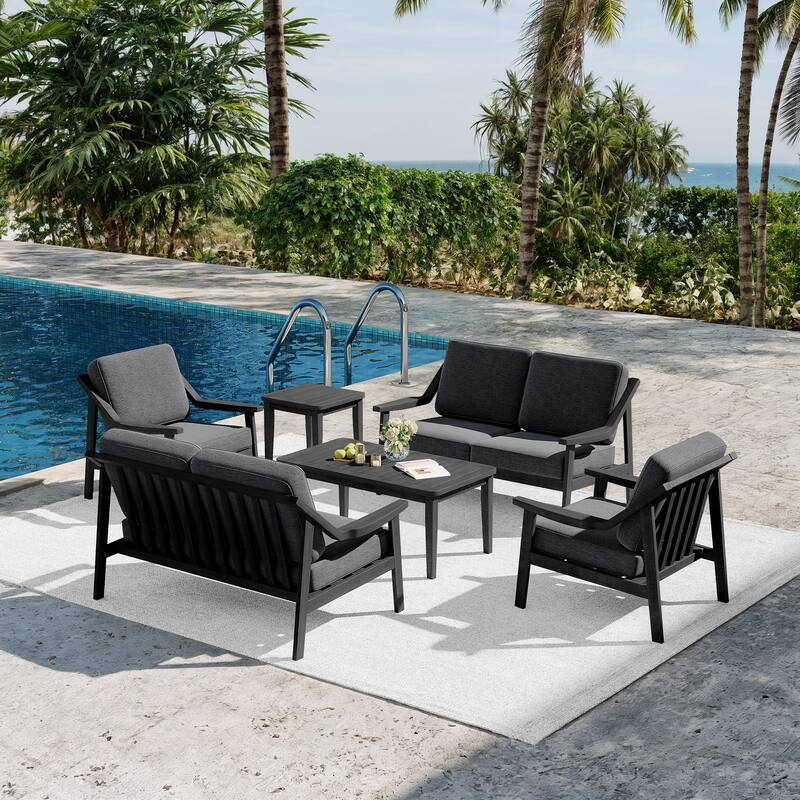 6-piece Adirondack Teak Patio Armchairs Loveseat Seating Conversation Set