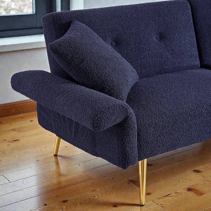 Modern Teddy Loveseat Sofa with Side Pocket, Folding Sleeper Sofa Bed with Adjustable Backrest and Golden Metal Legs
