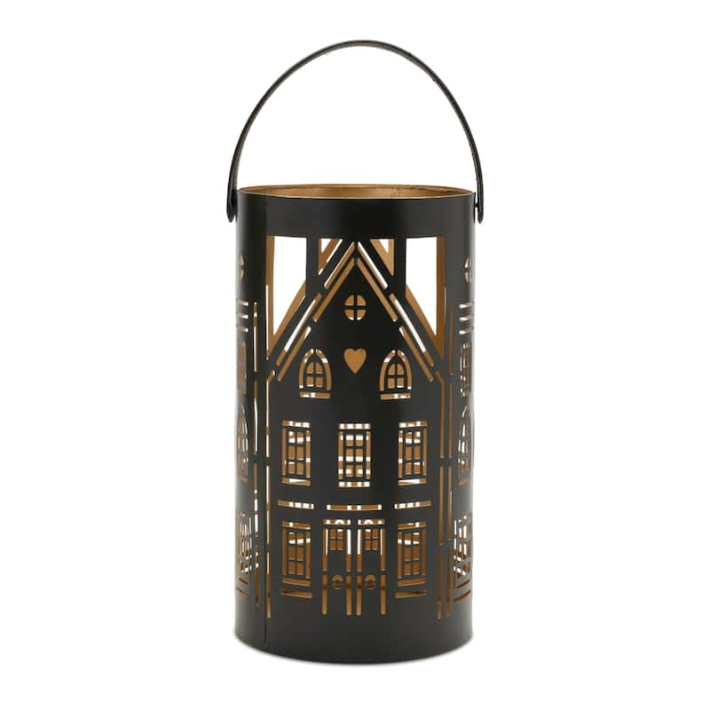 House Punched Metal Candle Lanterns - 12.75" - Black and Bronze - Set of 3