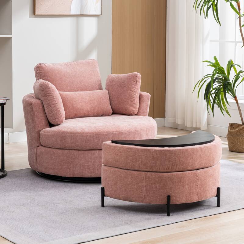 42.3"W Upholstered Swivel Accent Chair with 4 Pillows and Half-Moon Storage Ottoman