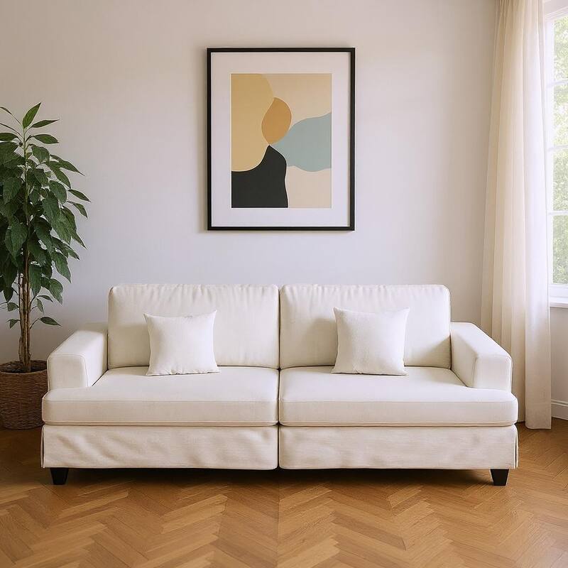 HomeRoots 94" White Chenille Modular Stainless Steel Sleeper Sofa With Toss Pillows - White