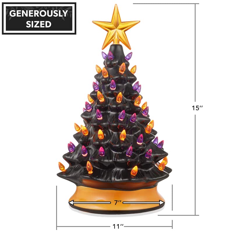 15in Hand Painted Ceramic PreLit Halloween Tree w Pumpkin and Star