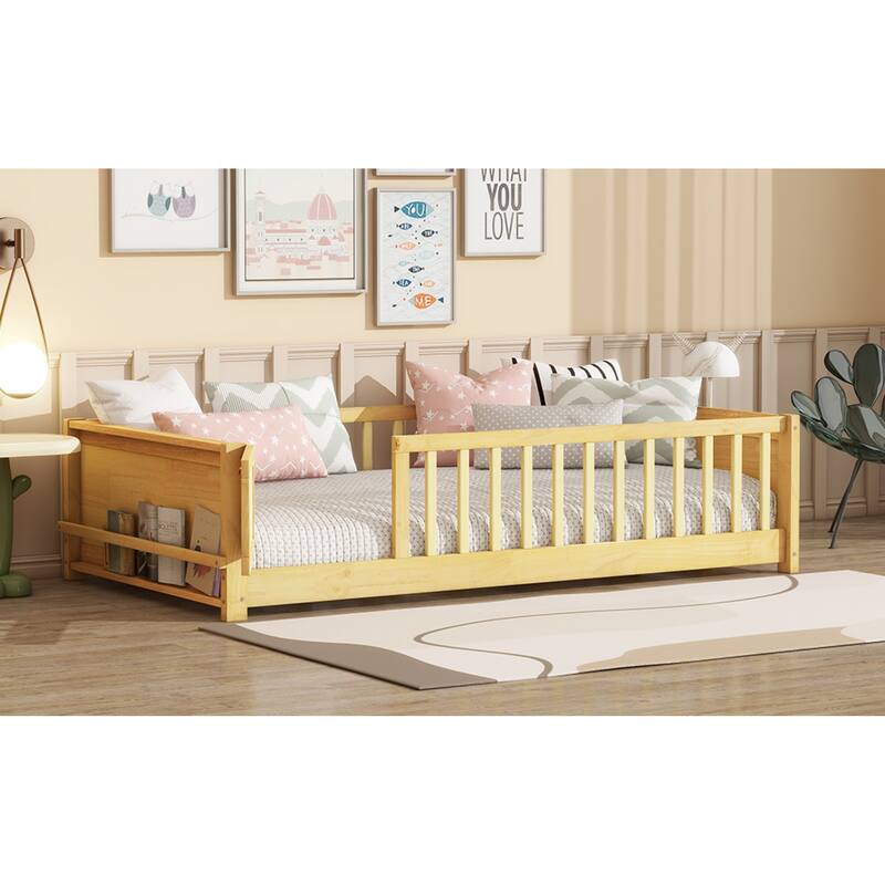 Roomfitters Twin Floor Bed with Built-in Book Rack and Swing Door, Rubber Wood Frame with Guardrails