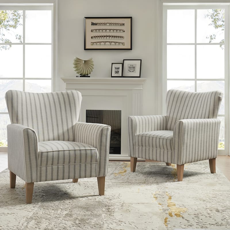 Warren Farmhouse Striped Wingback Chair with Solid Wood Legs Set of 2 by HULALA HOME