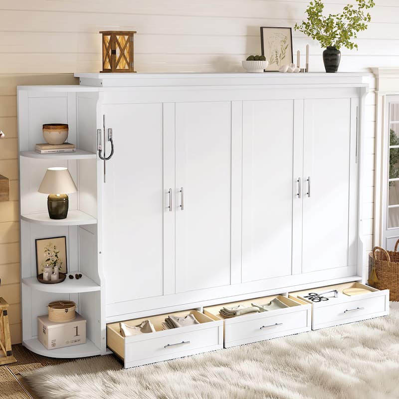 Murphy Platform Bed with Side Cabinets & Drawers, Wall Bed with Shelf for Home Office, Queen or Full