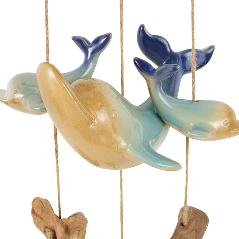 Blue Ceramic Handmade Ombre Whale Windchime with Driftwood and Bead Accents