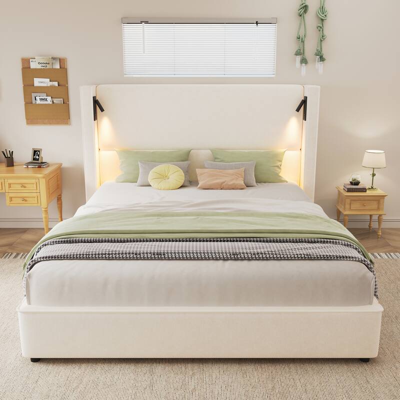 Upholstered Bed Frame with High Wingback Headboard