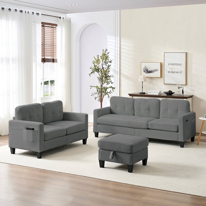 Mixoy 76'' L-Shaped Sofa Set,Corduroy Sectional Sofa,Mid Century 3-Seater Sofa with Storage Ottoman/Loveseat/Single Sofa
