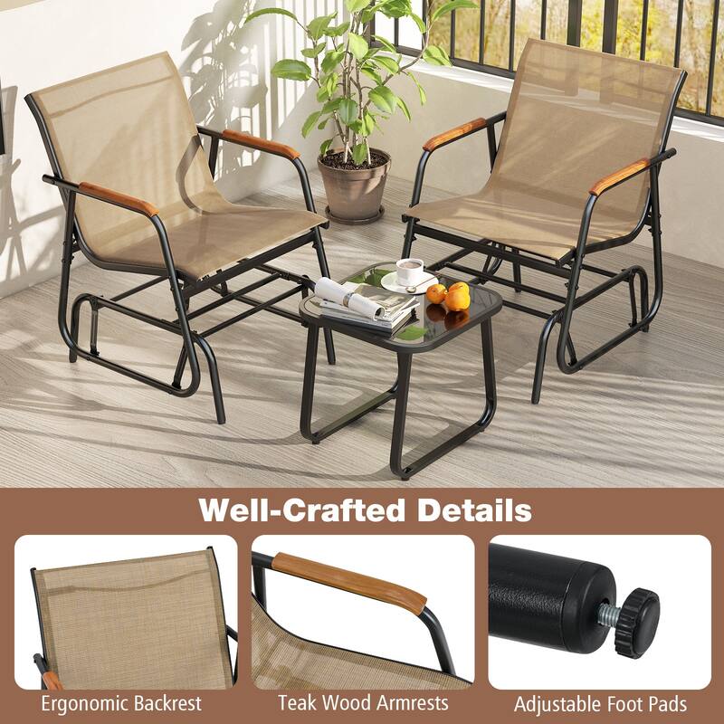 3-Piece Outdoor Patio Glider Set with Rocker Chairs Teak Arms and Tempered Glass Table - 29" x 24" x 33"