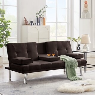 Sofa Linen Fabric Modern Folding Futon Bed with Cupholders Convertible ...