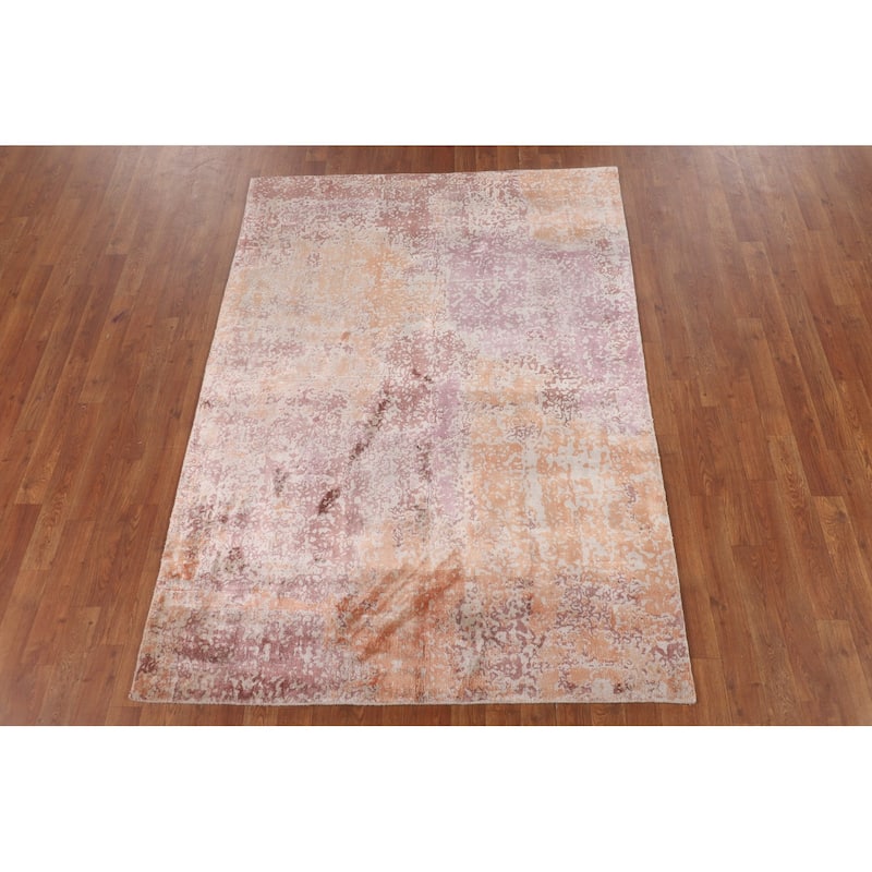 Contemporary Abstract Indian Area Rug Hand-Knotted Wool Carpet - 4'7"x 6'4"
