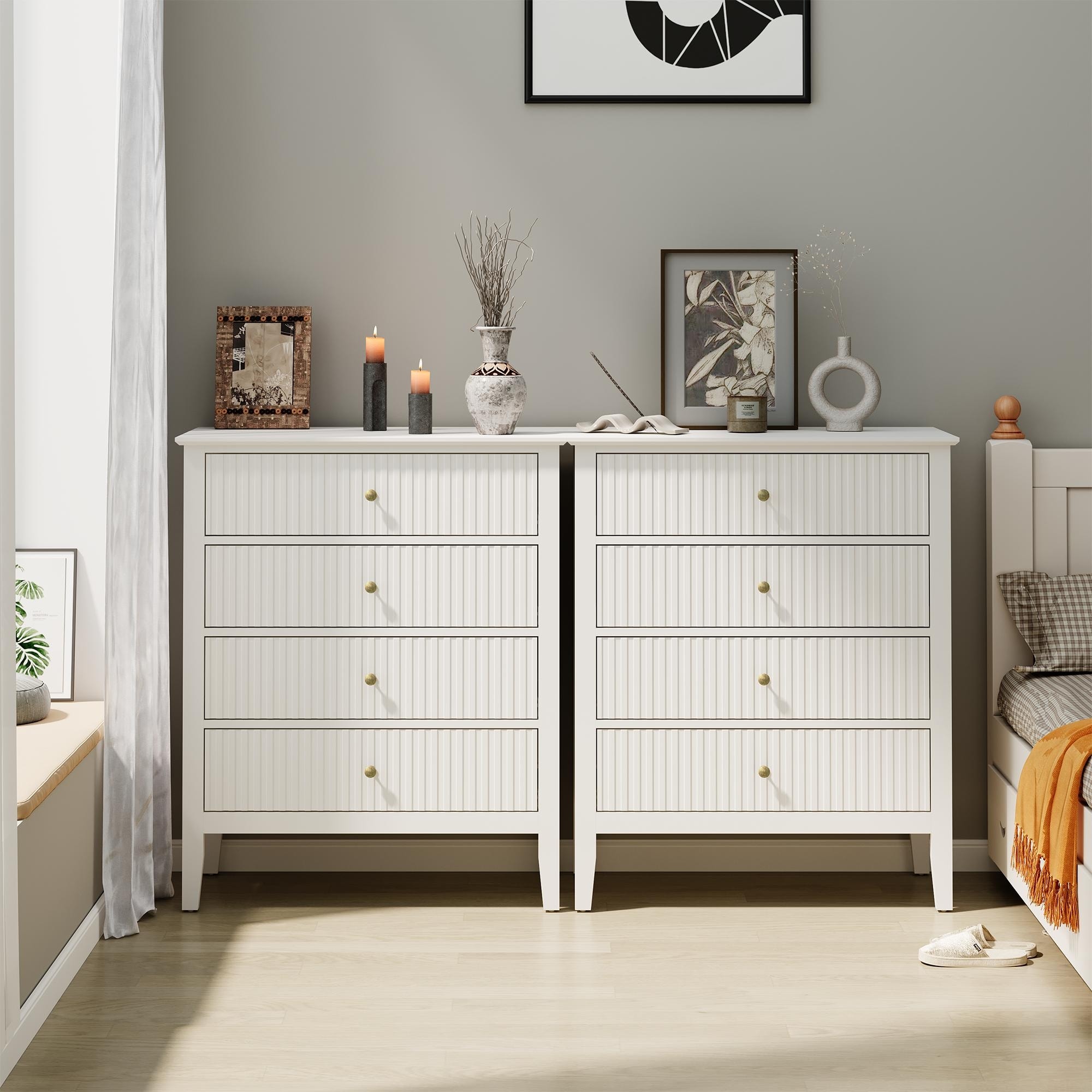 white fluted dresser Entryway Dresser, 4-drawer, Metal Legs, Smooth-glide Drawers, 27.6" x 15.7" x 29.9", White, Wood/Engineered Wood helping you keep your belongings organized and clutter Forty Seven Inches Wide White
