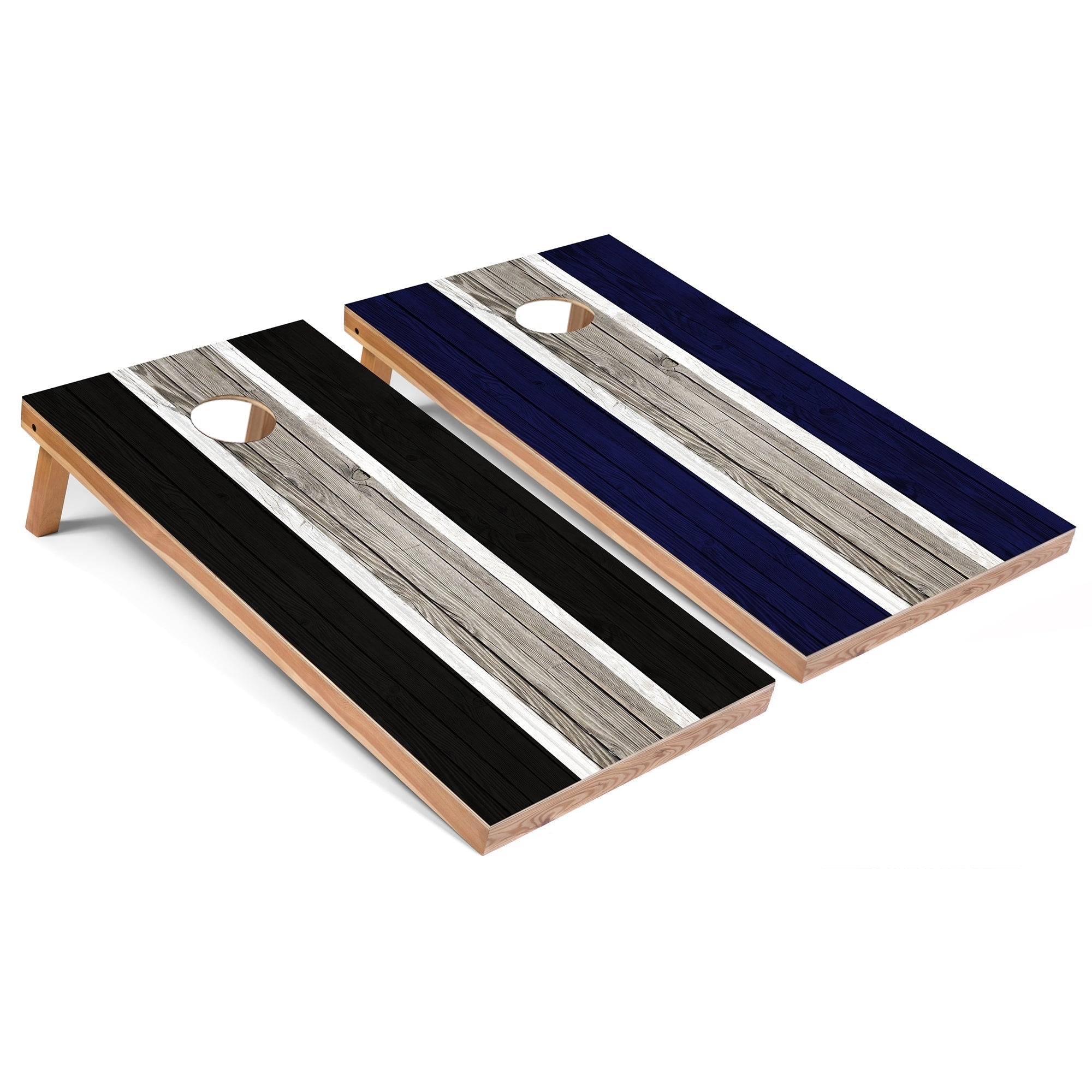 Solid Wood Cornhole Boards - Black and Navy Stripes Design