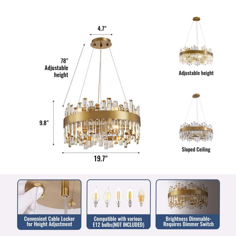 19.7'' Modern Crystal Chandelier Brass Gold Round 12-Light 2-Tier Luxury Crystal 19.7'' Raindrop Chandelier for Dining Room