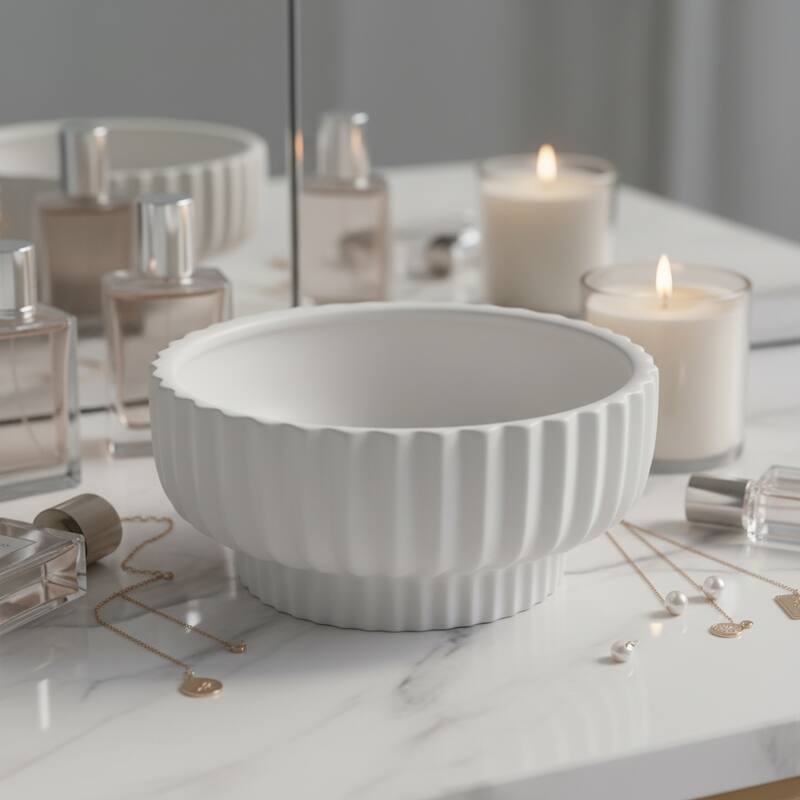 Decorative Ribbed Ceramic Bowl with Matte Finish - 12", White - 12.0"