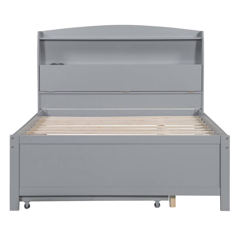 Full Size Wooden LED Platform Bed with Trundle, Storage Headboard, and Drawers in Gray
