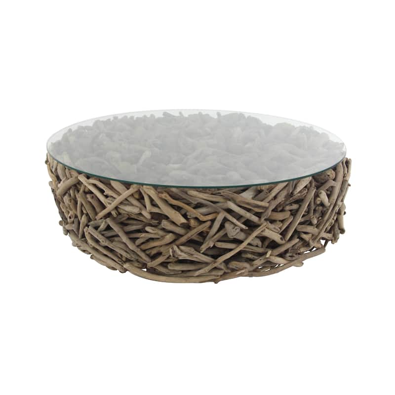 Driftwood Handmade Stacked Collage Coffee Table with Tempered Glass Top - Brown - Roche River Decor - 48"Wx48"Lx16"H