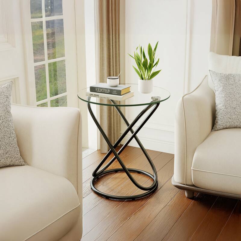 Tempered Glass Round Side/End Table with Metal Legs - 19.7"Dia Top x 21.7"H x 15.6"Dia Base