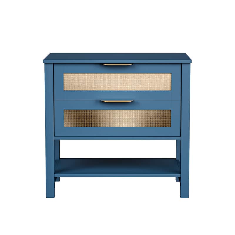 Rattan Nightstand with 2 Drawers and Storage Shelf Boho Bedside Narrow Side Table for Bedroom - Turquoise