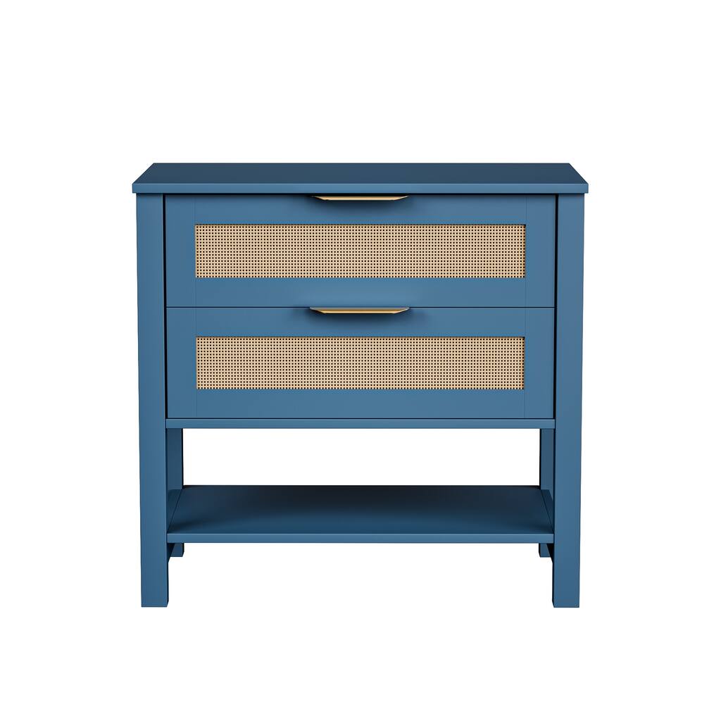 Rattan Nightstand with 2 Drawers and Storage Shelf Boho Bedside Narrow Side Table for Bedroom