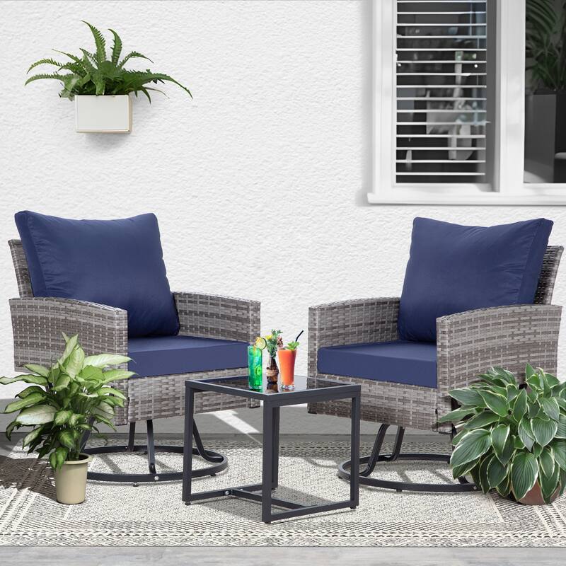 3-Piece Outdoor Swivel Chair Patio Set, 360°PE Rattan Chairs with Cushions, Glass Coffee Table - Blue