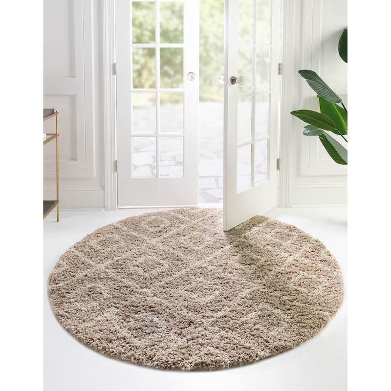 Shag Olido Collection Area Rug - 3'3" Round - Light Brown