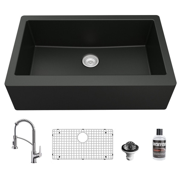Karran All-in-One Farmhouse/Apron-Front Quartz 34 in. Single Bowl Kitchen Sink in Black with Faucet KKF210 in Stainless Steel. Opens flyout.