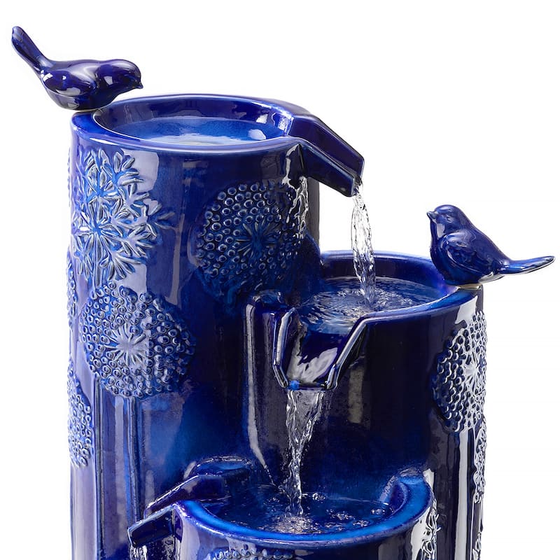 Glitzhome 31.75"H 4-Tier LED Vase-Shaped Ceramic Outdoor Floor Fountain with Birds/ Lotus