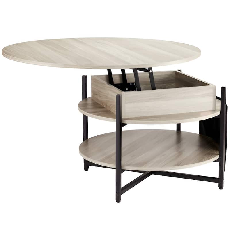 35.3" Round Coffee Table with Lift Top, Hidden Storage & Open Shelf