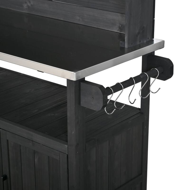 65" Outdoor Potting Bench with Stainless Steel Top, Rolling Garden Workstation with Hutch & Storage