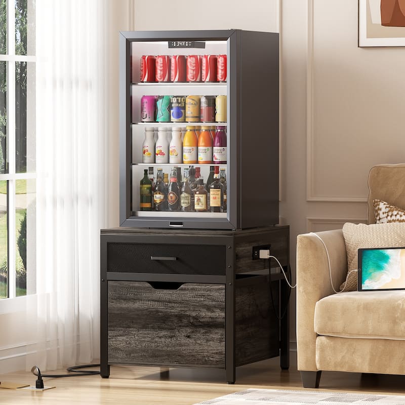 Mini Fridge Stand with Charge Station, Side/ End Table with Storage Drawers and Rolling Cabinet