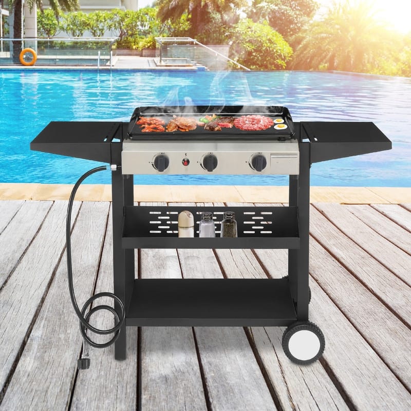 3-Burner Flat Top Gas Griddle Cooking Station with Ceramic Coated Cast Iron Pan
