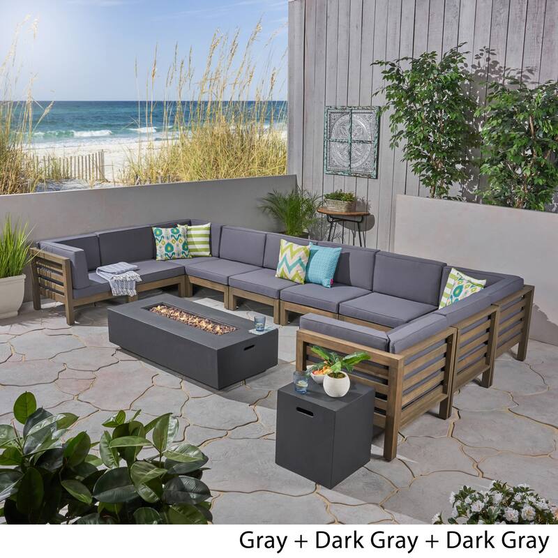 Oana Outdoor 12-Piece U-Shaped Acacia Wood Sectional Sofa Set with Fire Pit by Christopher Knight Home