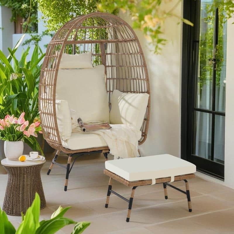 2-Piece Oversized Outdoor Rattan Wicker Egg Chair with Ottoman - Beige