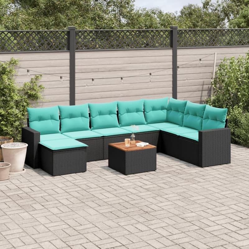 vidaXL 9 Piece Patio Sofa Set with Cushions Black Poly Rattan - 24.4" x 24.4" x 27.2" - Black and blue