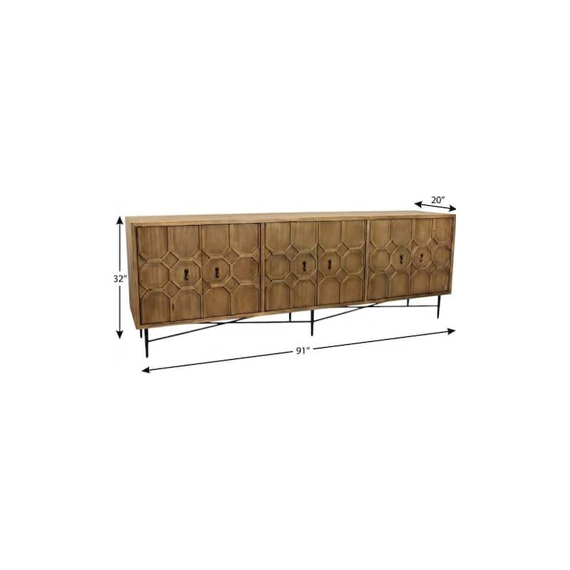 HomeRoots 91" Natural Distressed Solid Wood Carved Geometric Sideboard with Six Doors - 91.00 in. x 32.00 in. x 20.00 in.