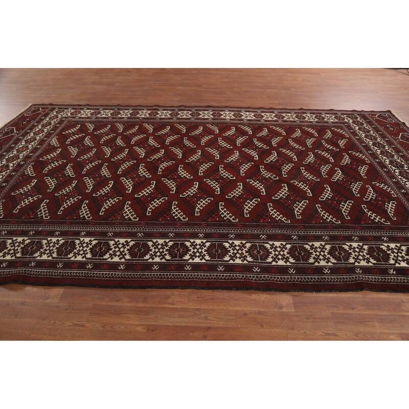 Hand Knotted Oriental 100% Wool Carpet Traditional Geometric Red Bokhara Area Rug - 11' 9'' X 7' 2''