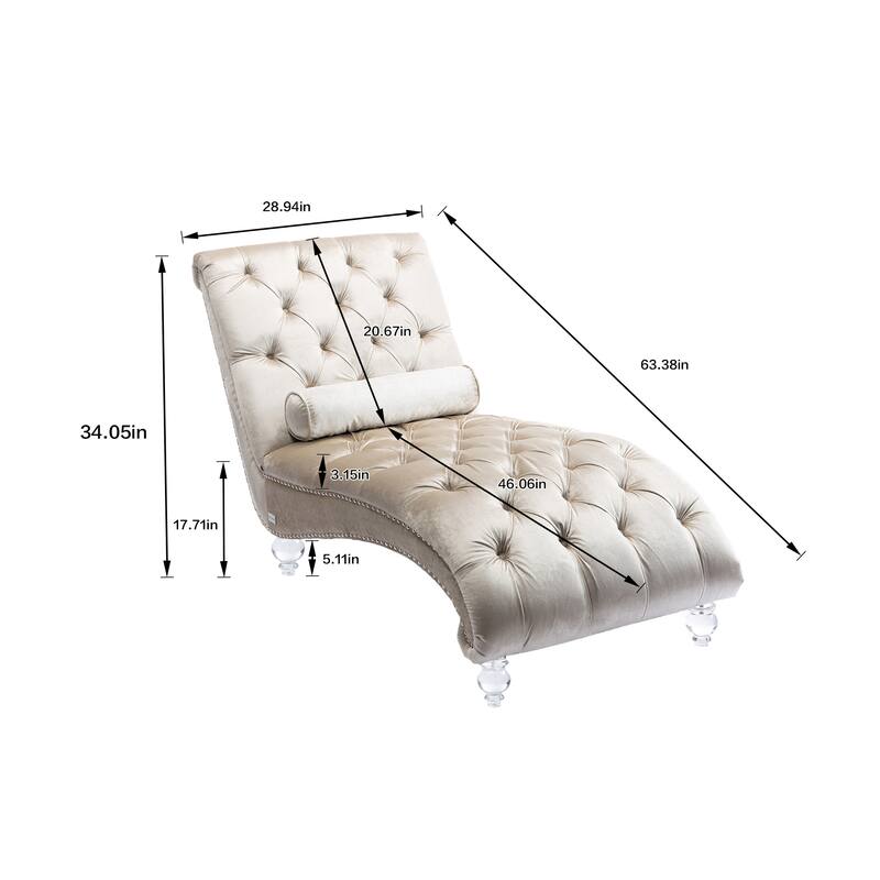 Velvet Tufted Chaise Lounge Chair Ergonomic S Shape Recliner with Pillow, Nailhead Trim and Acrylic Legs for Indoor Use