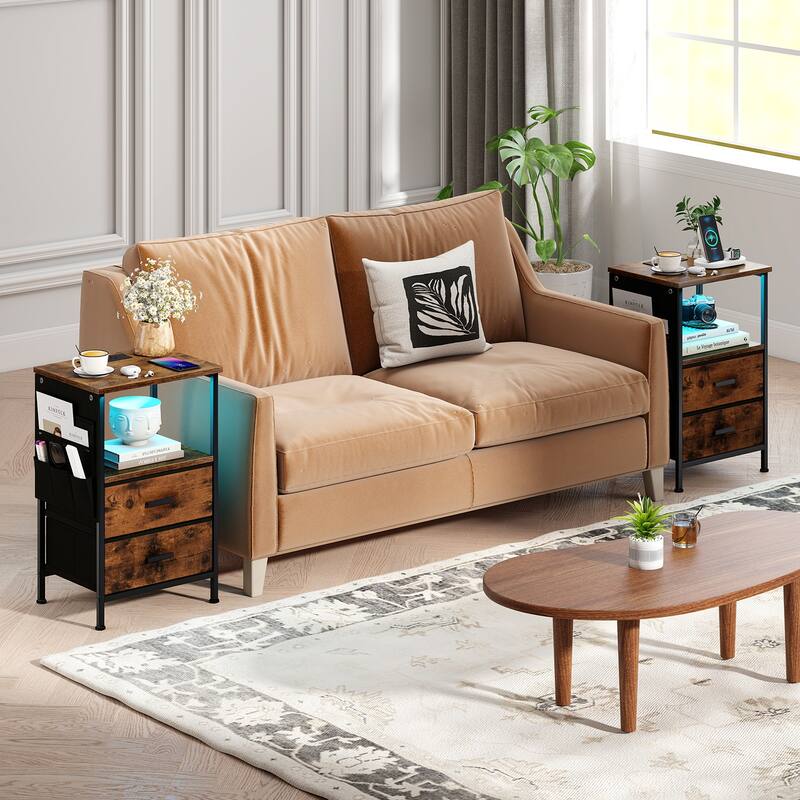 Gymax End Table Set of 2 w/ Charging Station 2 Folding Fabric Drawers