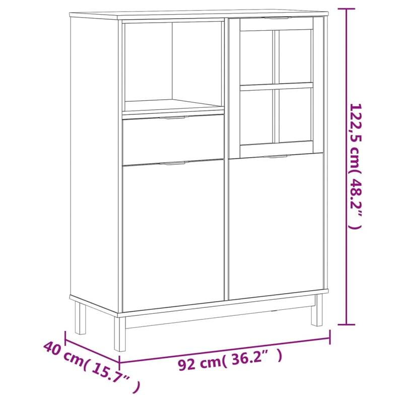 vidaXL Highboard with Glass Door FLAM 36.2"x15.7"x48.2" Solid Wood Pine - 36.2" x 15.7" x 48.2"