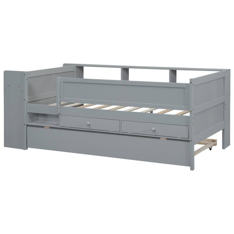 Gray Multi-Functional Twin Daybed with Headboard Storage, Drawers, Trundle