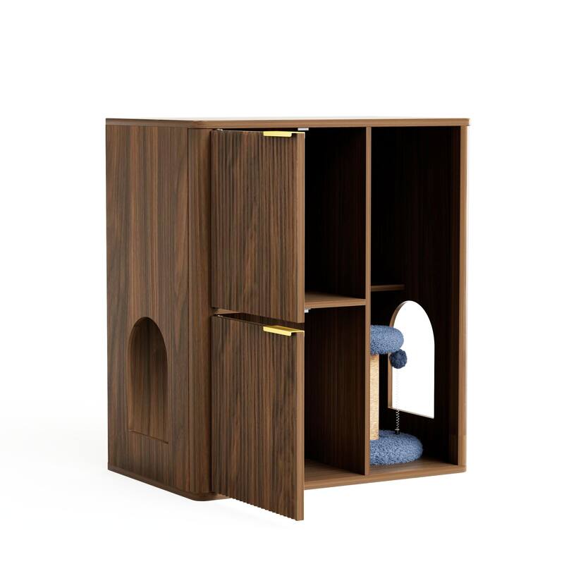 31.5" Walnut Cat Litter Cabinet with Cat Tree, Grooved Concealed Litter Furniture Featuring Dual Cat Doors and Storage Shelves