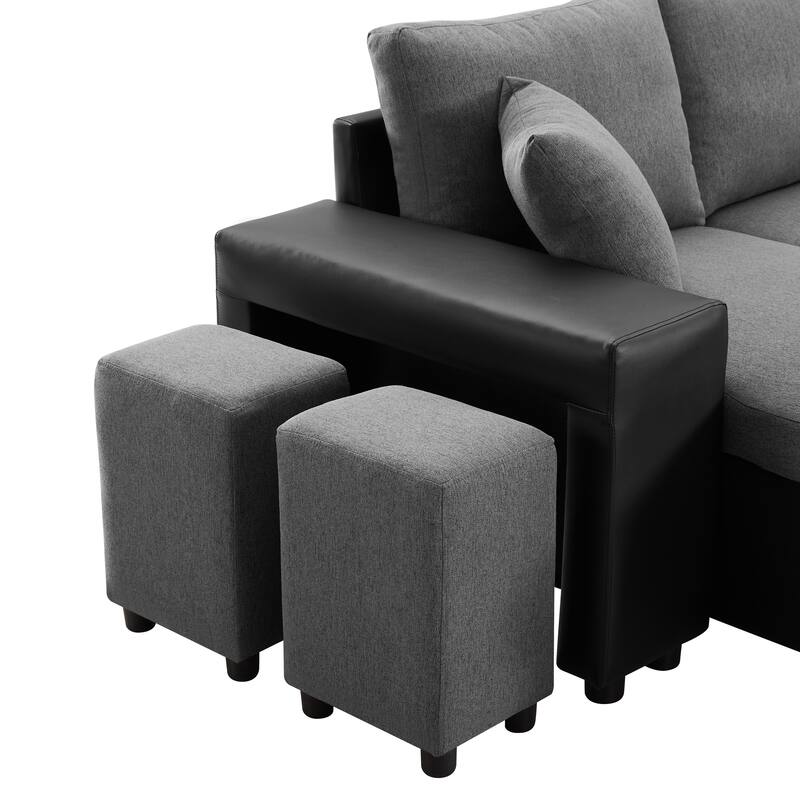 92.5"Reversible Sleeper Sectional Sofa with storage and 2 stools Steel