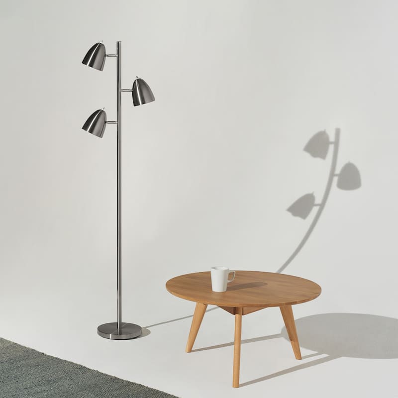 Brightech Jacob 64 in. Brushed Nickel Mid-Century Modern 3-Light Adjustable LED Floor Lamp with 3 Nickel Metal Cone Shades