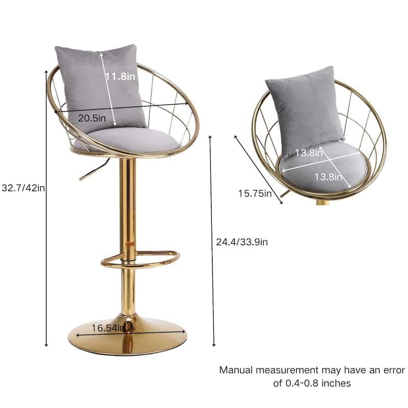 Adjustable Height Swivel Bar Stools Set of 2 with Velvet Padded Seat, Weave Shape Back, Gold Plated Base and Non-slip Pads