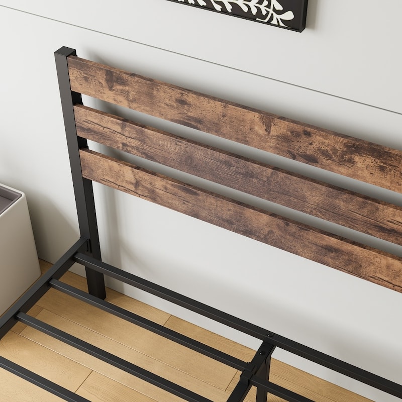 Platform Bed Frame with Rustic Vintage Wood Headboard, Strong Metal Slats Support Mattress Foundation