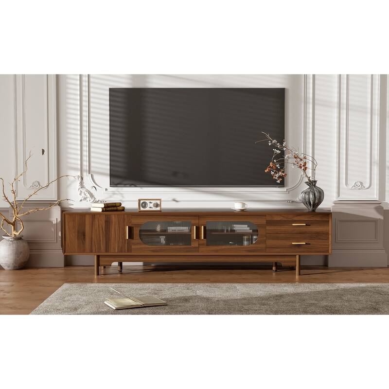 Retro Mid-Century TV Stand with Glass Doors & 2 Drawers, Media Cabinet for TVs up to 85", Entertainment Center with Wood Legs