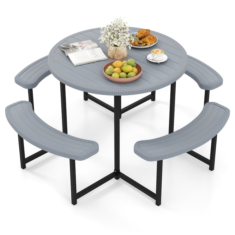 HDPE Round Picnic Table Set with 4 Benches and Umbrella Hole Perfect for Patio or Balcony